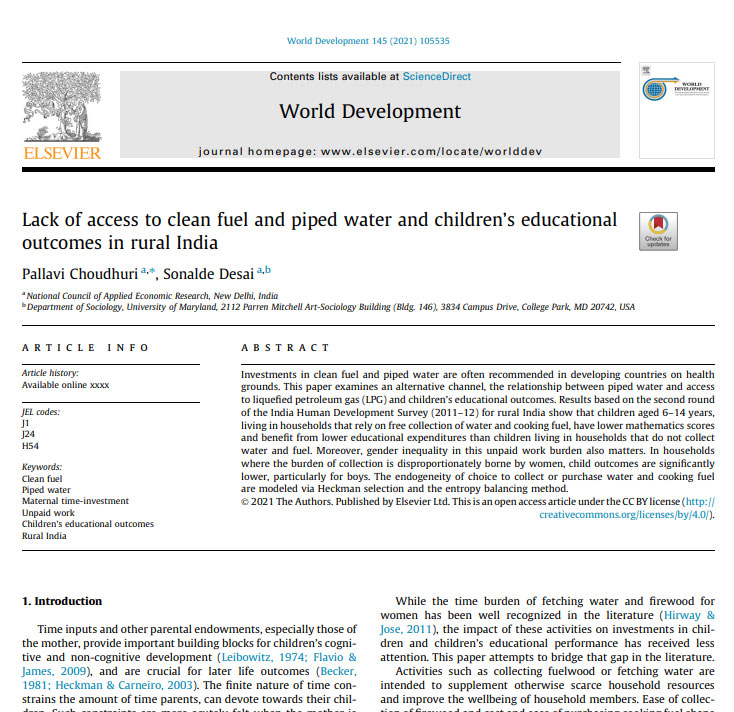 Lack of access to clean fuel and piped water and children’s educational outcomes in rural India.