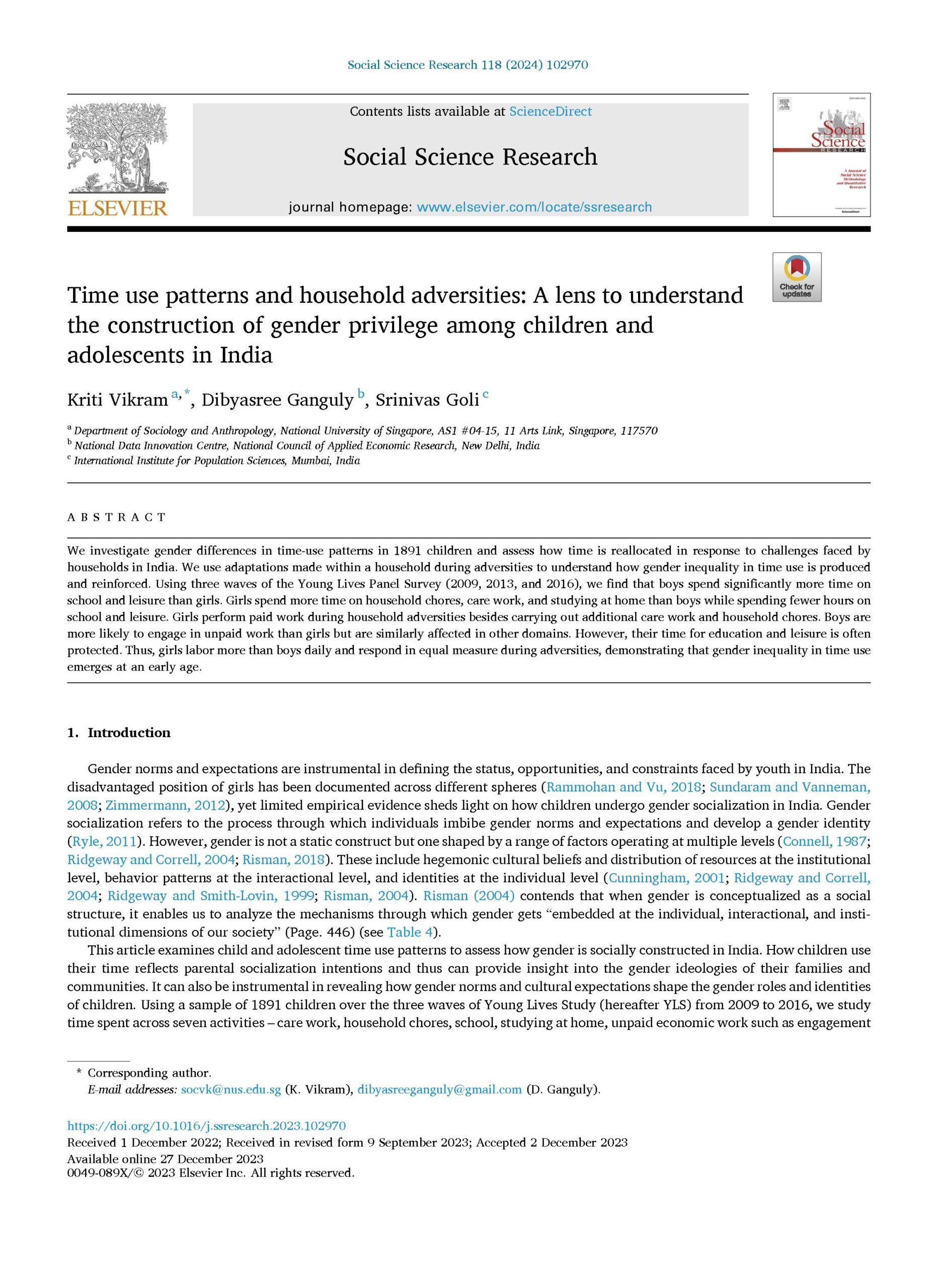 Time use patterns and household adversities: A lens to understand the construction of gender privilege among children and adolescents in India