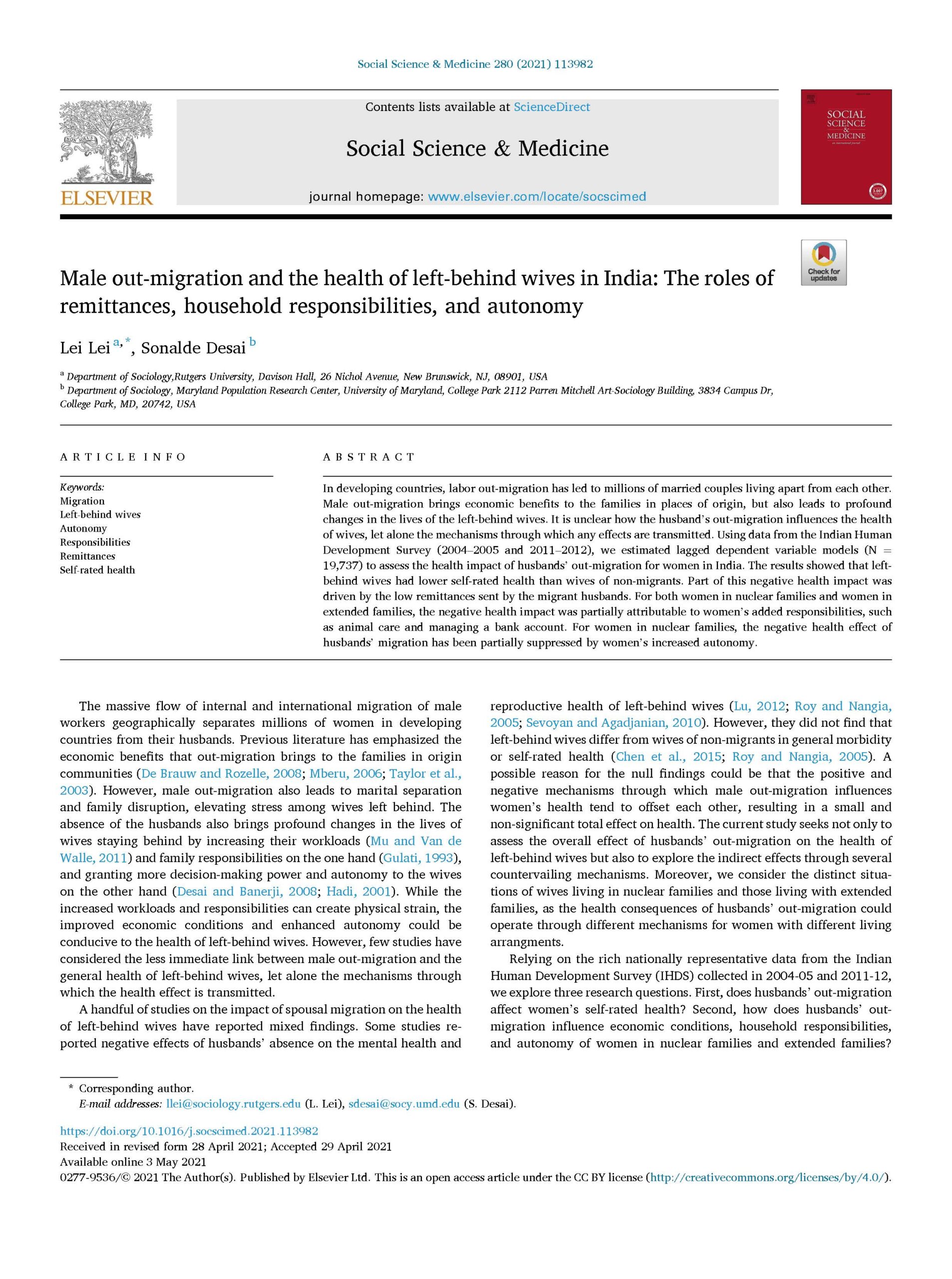 Male Out-Migration and the Health of Left-Behind Wives in India: The Roles of Remittances, Household Responsibilities, and Autonomy