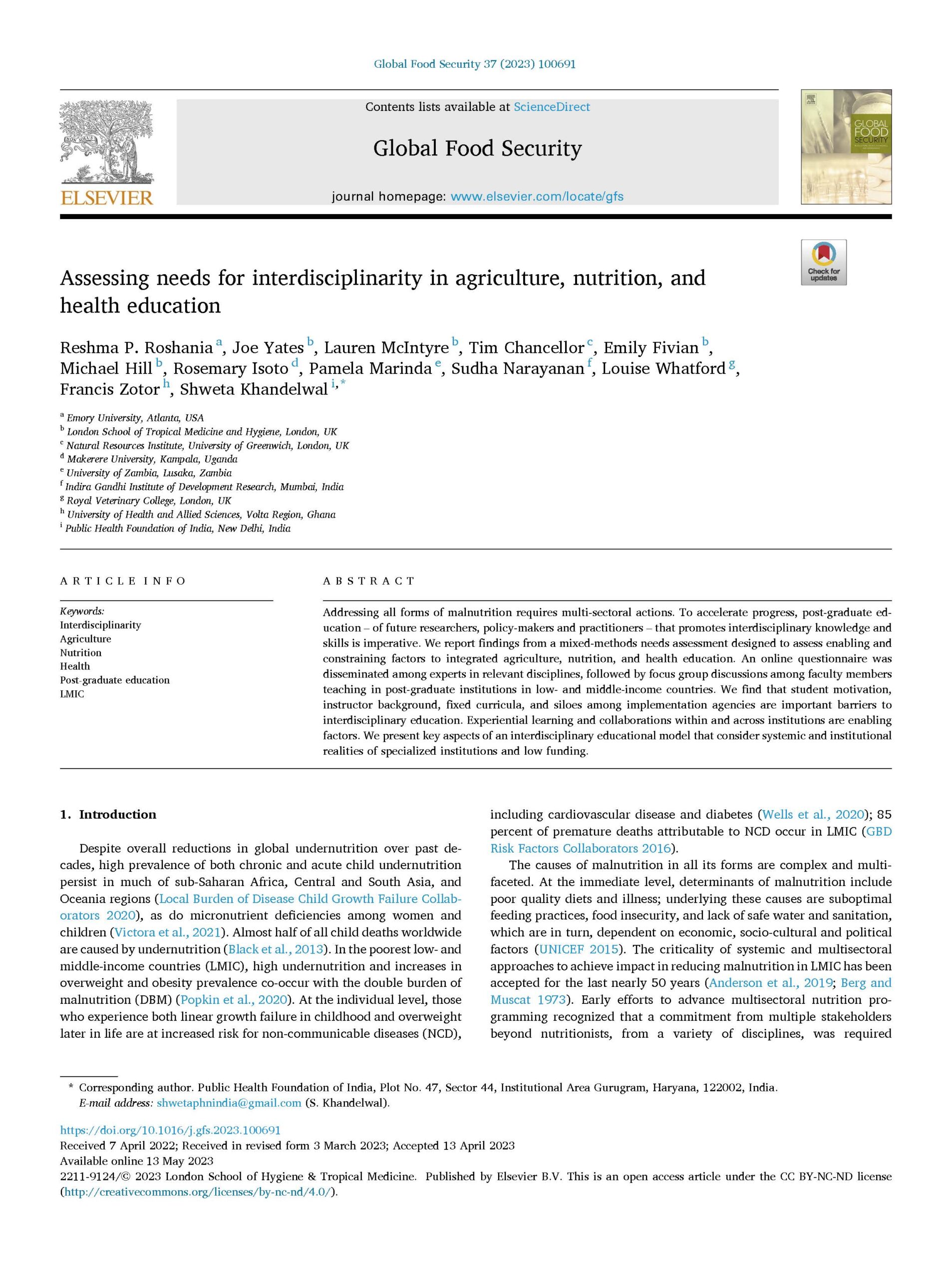 Assessing needs for interdisciplinarity in agriculture, nutrition, and health education